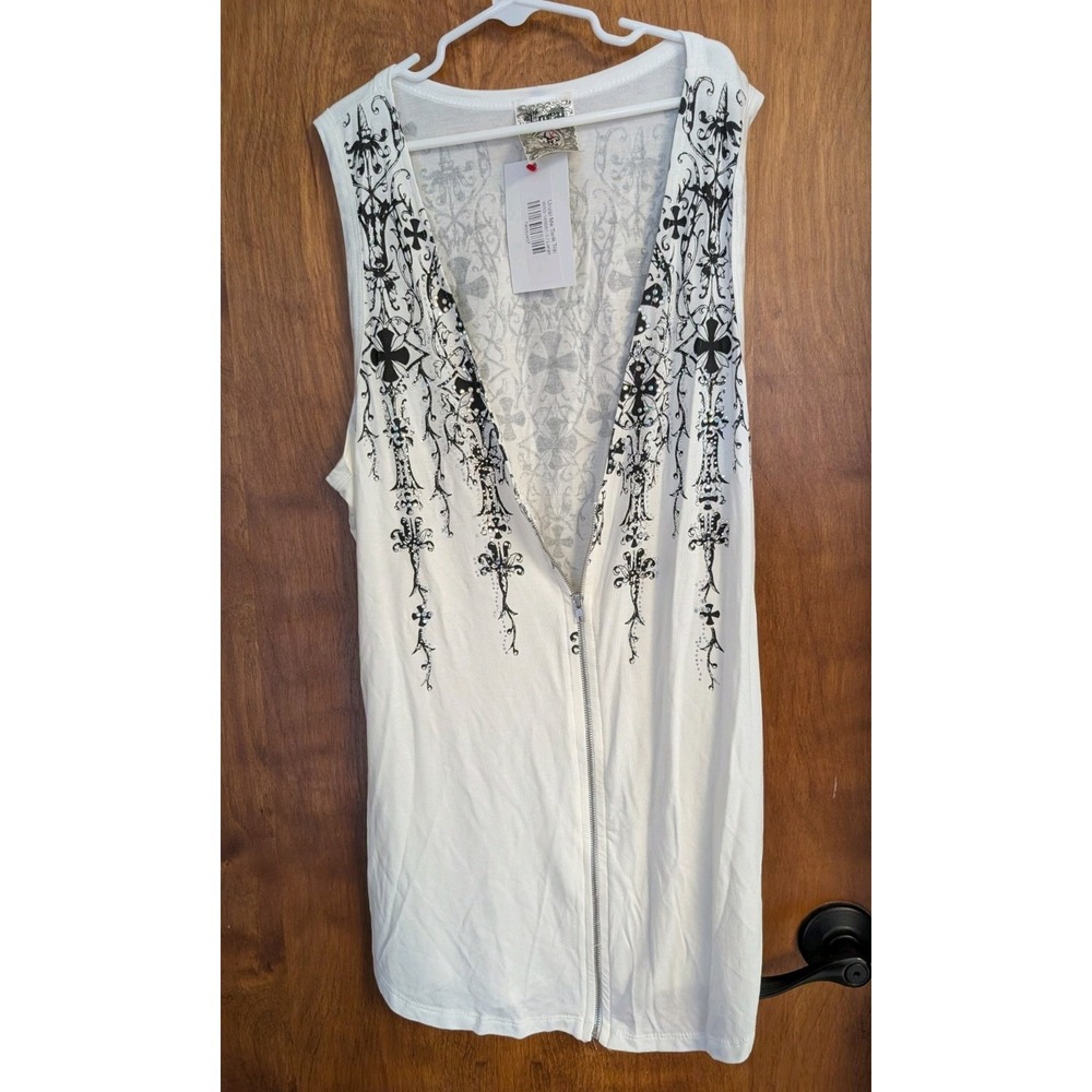 VOCAL Womens Zip Tank White & Black with Crystal Bling & Crosses SZ Large NEW